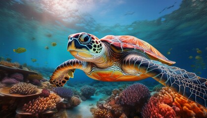 A sea turtle gliding over a coral reef, the focus on the turtle's shell and flippers, with t