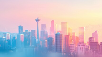 Fototapeta premium Cityscape Skyline at Sunset with Pink and Blue Hues