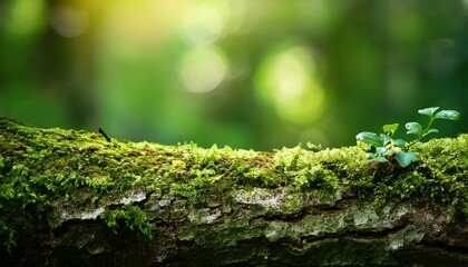 Close-up of the textured bark of a rainforest tree, with moss and small plants growing on it 