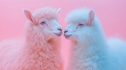 Two fluffy llamas interacting against a pastel pink background