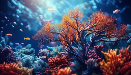 Detailed shot of branching coral with small fish darting around, the background softly blurr 