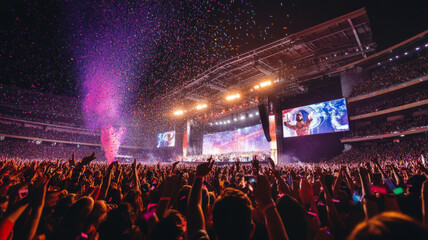 a live music event in a large stadium, with a massive stage illuminated by dynamic lights,