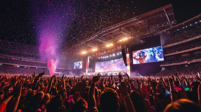 a live music event in a large stadium, with a massive stage illuminated by dynamic lights,