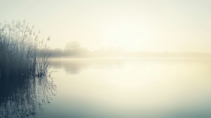 Fototapeta premium Misty Morning Lake with Reeds and Reflections
