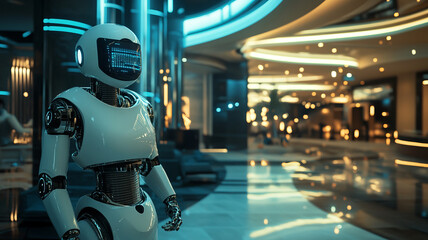 Obraz premium A futuristic service industry setting, with AI-powered robots assisting customers, holographic customer service interfaces,
