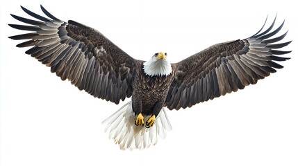 Fototapeta premium A bald eagle with its wings spread wide, soaring through the air against a white background.
