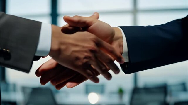 Office scene with two business people shaking hands, celebrating a new partnership, teamwork, and a supportive work atmosphere.