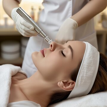 A woman receives a facial treatment with a micro-needling device.