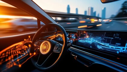 Obraz premium Illustrate an autonomous vehicle using machine learning to navigate through a busy urban environment