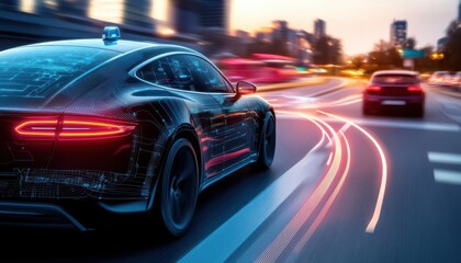 Obraz premium Illustrate an autonomous vehicle using machine learning to navigate through a busy urban environment