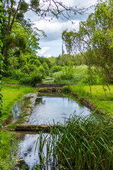 A tranquil stream meandering through lush greenery in the serene countryside of Nargis, France