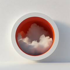 Abstract art with white clouds in an orange and white circular frame