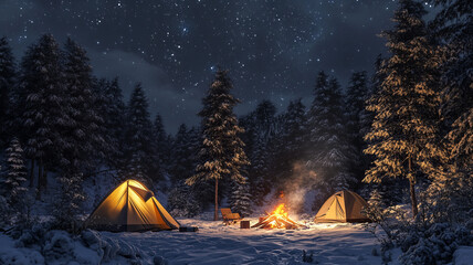 Winter camping in a frosty landscape, snow-covered tents surrounded by pine trees, cozy campfire with glowing embers,