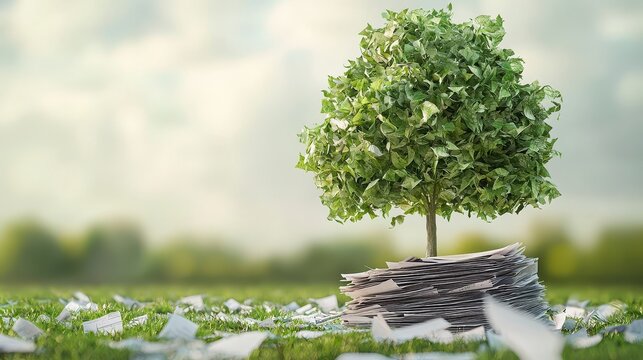 Green Tree Growing From Stack of Paper in Grass