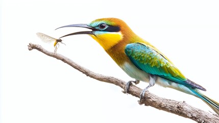 Fototapeta premium A colorful bee-eater bird with a long beak perches on a branch, about to swallow an insect.
