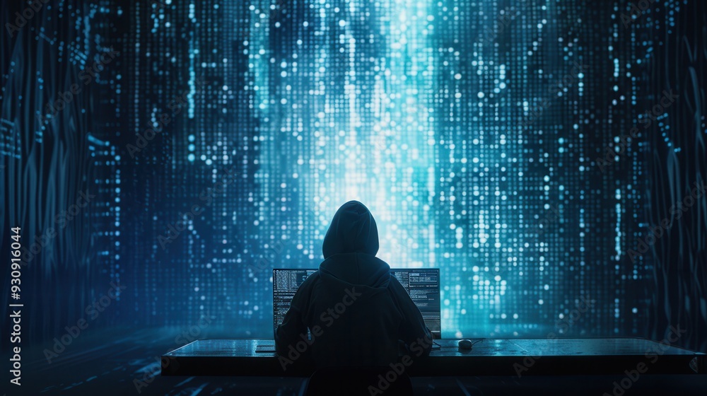 Aufkleber A figure in a hoodie focuses on a computer, with a large display showing cascading lines of digital code in a dimly lit setting. Generative AI