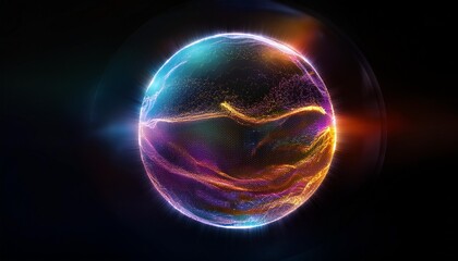 abstract multicolored energy sphere made of particles and waves of magical glow on a dark background