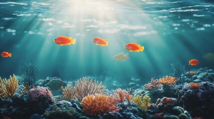 Obraz premium Underwater Scene with Sunbeams and Orange Fish Swimming Through Coral Reef