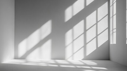Fototapeta premium Minimalistic simple abstract background for product presentation. Shadow and light from windows on wall , ai