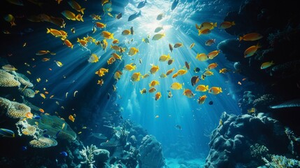Underwater nature, colorful tropical fish, deep ocean scene.