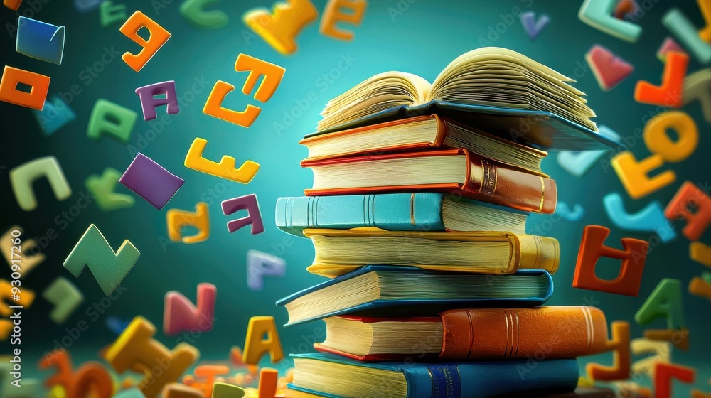 Aufkleber open book with colorful letters floating around it