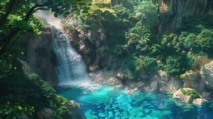Tranquil Waterfall in a Lush Tropical Paradise