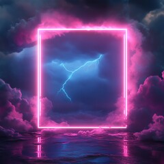 Neon glowing frame with lightning strike and clouds.