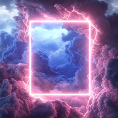 Pink neon frame with lightning above cloudy sky.