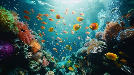 Naklejka premium Underwater world background, colorful tropical fish, deep sea.