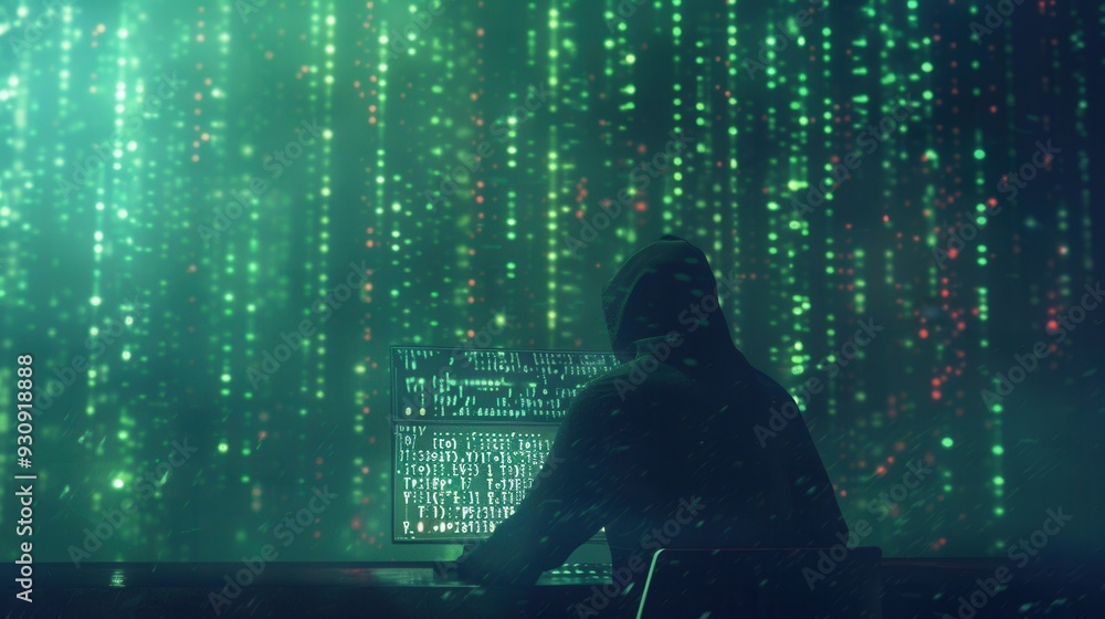 Poster A silhouette of a hacker in a hoodie focuses on a computer screen displaying cascading matrix-like code in a dimly lit environment. Generative AI