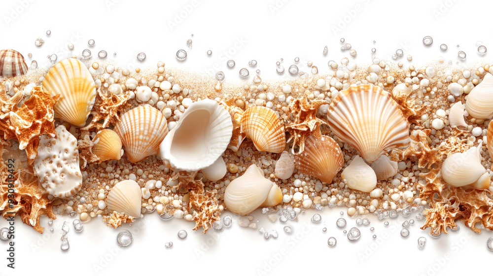 Poster a line of shells and sand on a white background. the shells are of various sizes and colors, and the
