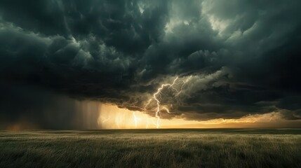 Fototapeta premium Dramatic Storm Clouds with Lightning Over Grassy Field at Sunset.