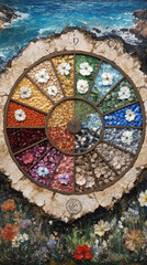 Fototapeta premium A colorful mosaic of stones and flowers in a circle. The stones are of different colors and sizes, and the flowers are of various types and sizes. Scene is one of beauty and harmony