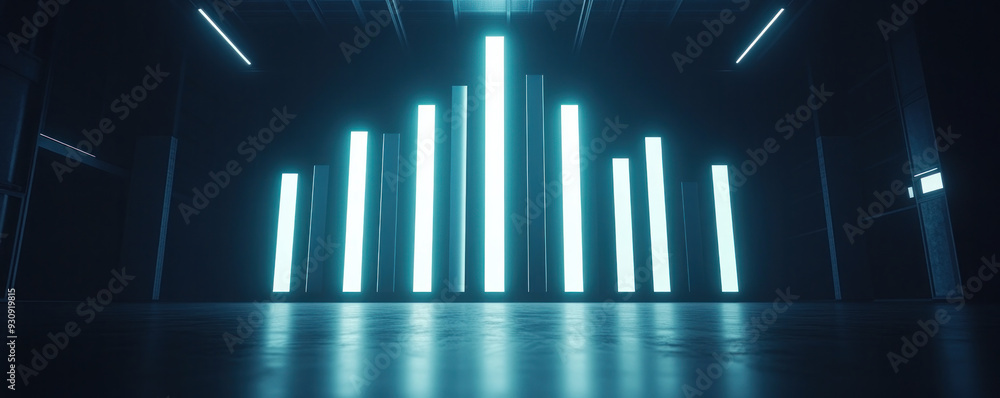 Poster a large room with many blue lights. the lights are arranged in a way that they look like a city skyl