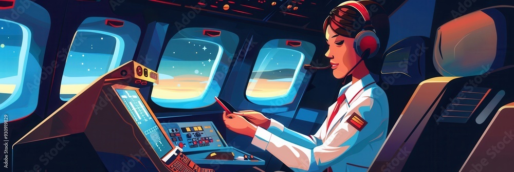 Poster the flight attendant monitors equipment while communicating during a scenic flight at dusk, showcasi