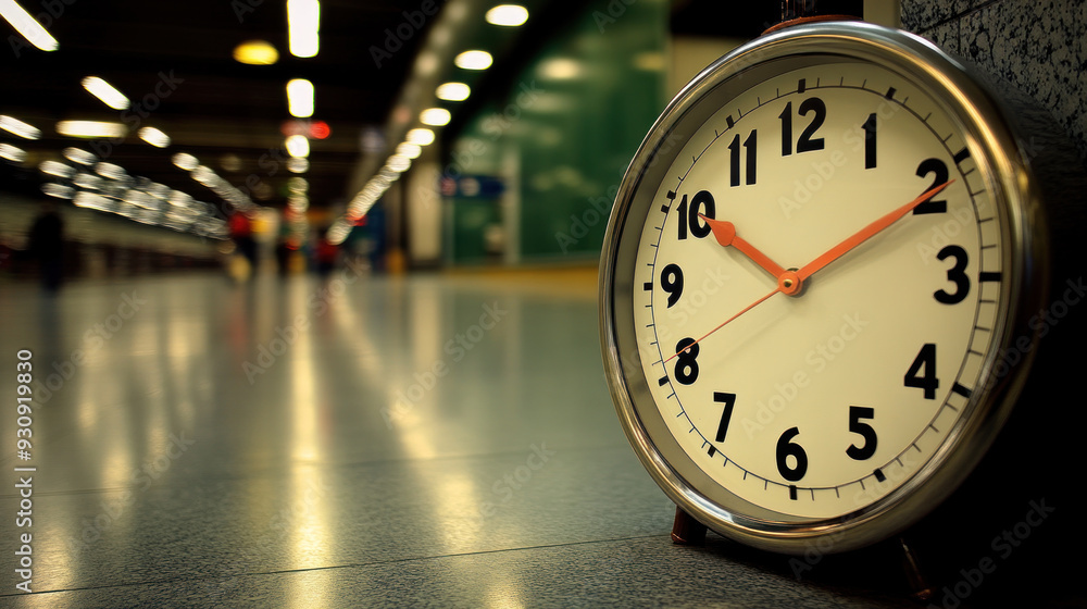 Poster a clock with the hands on the number 3 and 6. the clock is in a hallway with a few people walking by