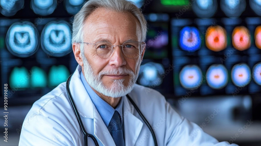 Poster a man in a white lab coat is sitting in front of a computer monitor with a lot of images on it