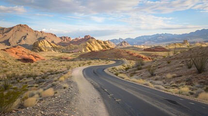 A winding road through a colorful desert landscape under a cloudy sky.