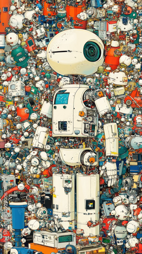 Poster a robot is standing in a room full of other robots and objects. the room is cluttered and chaotic, w