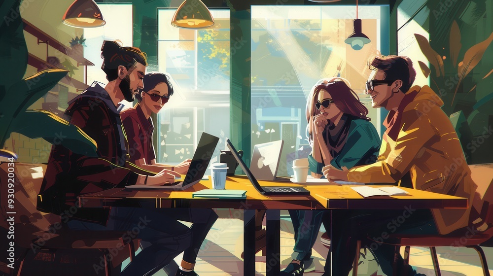 Poster a group of young entrepreneurs engages in a productive brainstorming session at a stylish café, imme