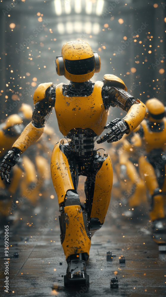 Poster a yellow robot is walking down a hallway with other robots. the robots are all yellow and appear to 