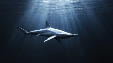 Obraz premium Shark Underwater with Light Rays