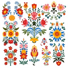 Obraz premium A set of 20 colorful floral designs with a folk art style.