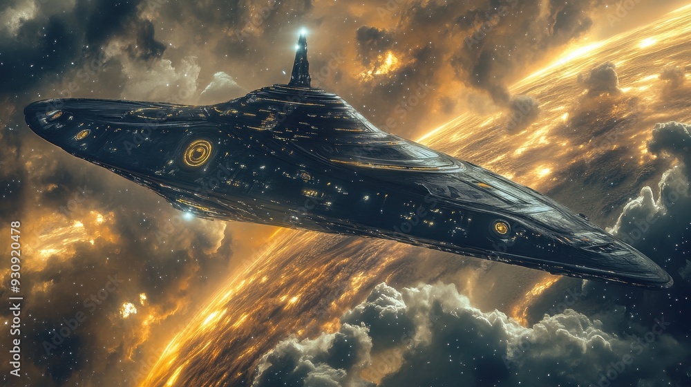 Poster futuristic spaceship flying over a glowing planet in space.