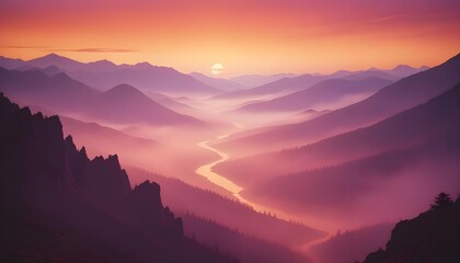 Obraz premium Intense sunset with deep purples and glowing oranges, illuminating a jagged mountain range, while thick fog blankets the valley in a surreal atmosphere.