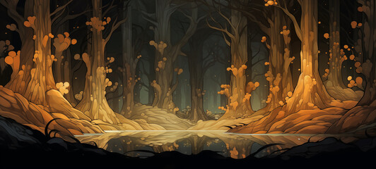 A forest of towering trees with glowing leaves in shades of brown and yellow, a pond in the middle of the scene, simple fantasy background, cartoon-style vector art