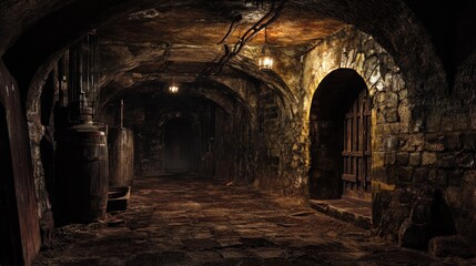 Obraz premium Mysterious Stone Cellar with Wooden Door