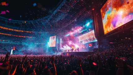 a live music event in a large stadium, with a massive stage illuminated by dynamic lights,