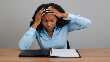 Portrait of a woman holding her head against a dark background. describes excessive stress due to work pressure.