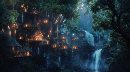 Fototapeta premium Enchanted Forest with Illuminated Treehouse Village and Waterfall